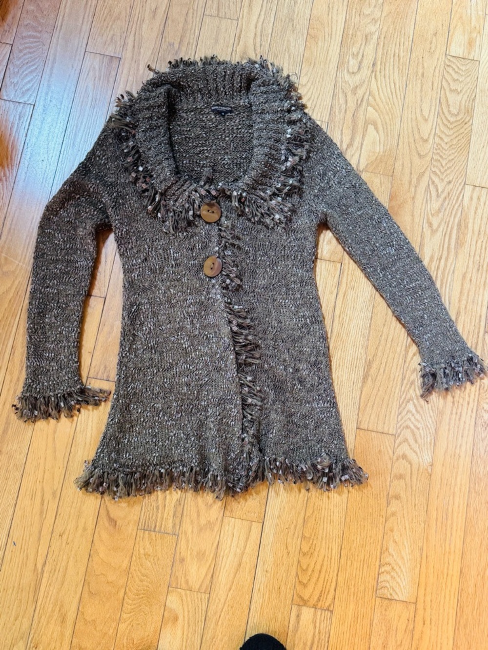 Womens Y2K Brown Long Sweater Cardigan Sz M Penny Lane Shirred Fringe Phoebe